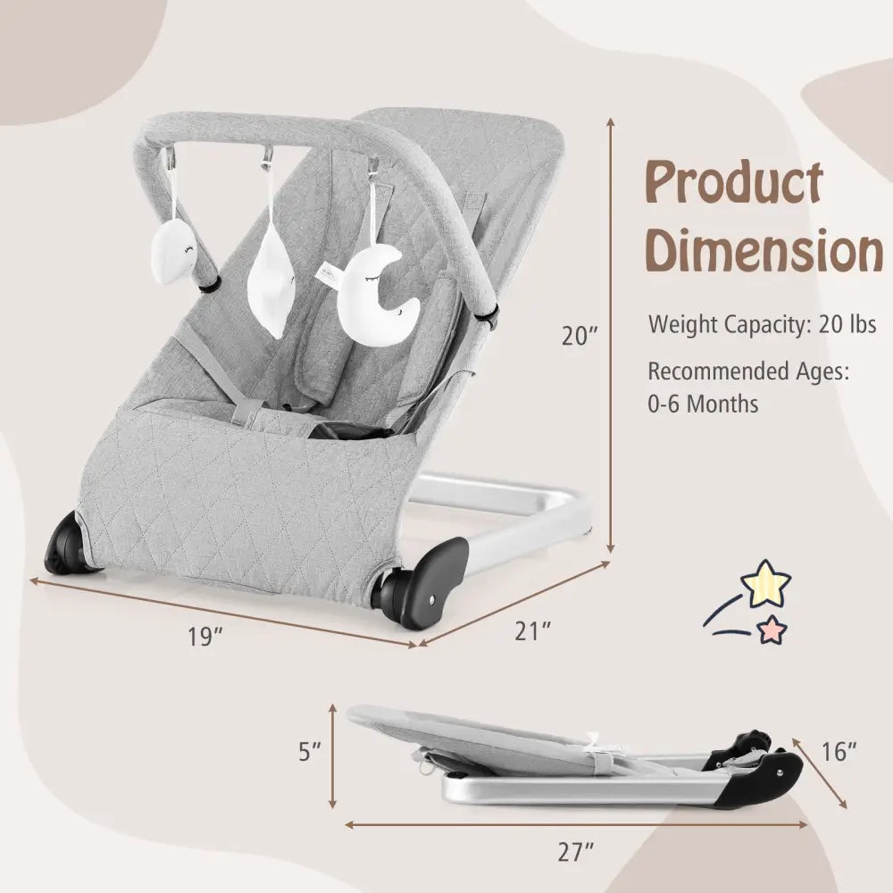 Foldable Baby Bouncer with Removable Fabric Cover and Toy Bar-Gray - Gray - Baby Bouncer & Rocker
