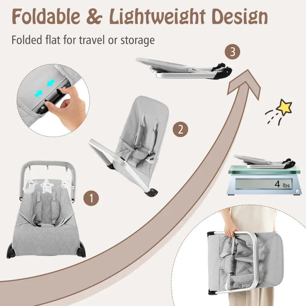 Foldable Baby Bouncer with Removable Fabric Cover and Toy Bar-Gray - Gray - Baby Bouncer & Rocker