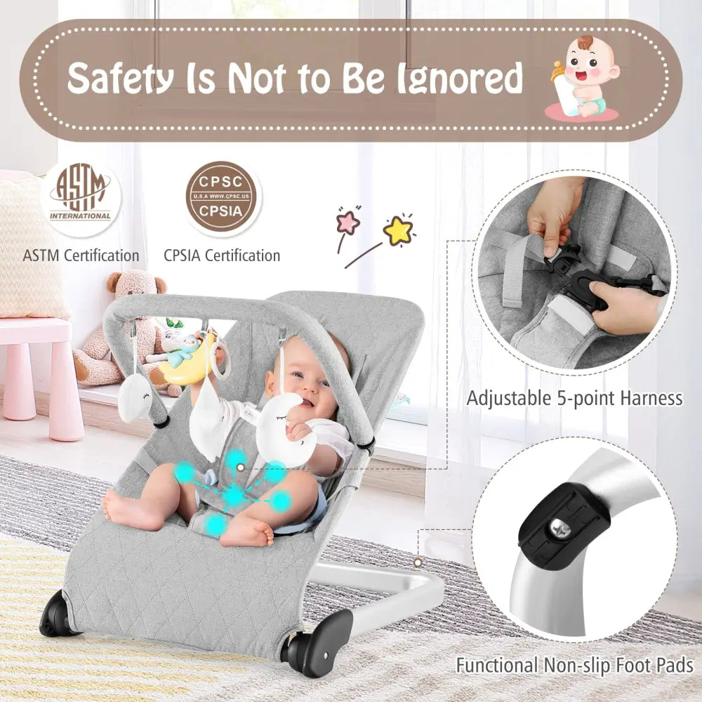 Foldable Baby Bouncer with Removable Fabric Cover and Toy Bar-Gray - Gray - Baby Bouncer & Rocker