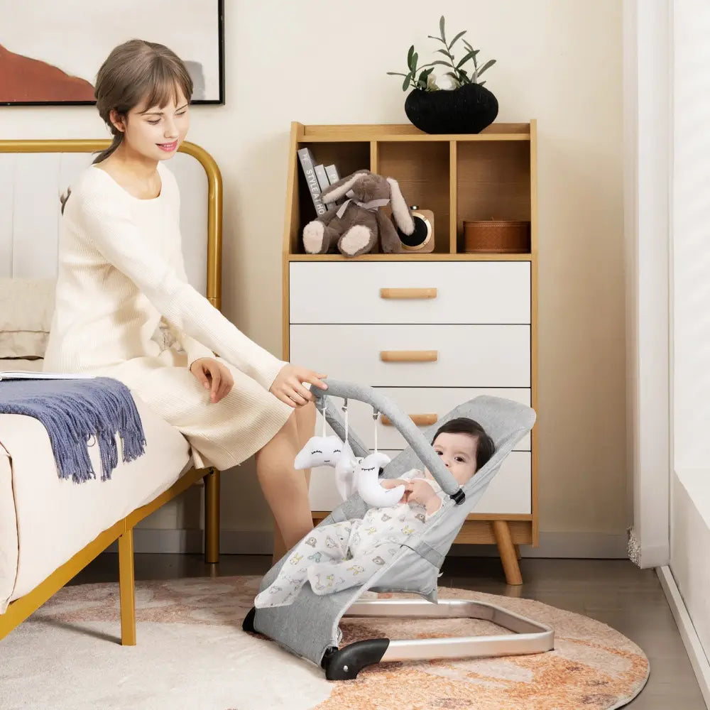 Foldable Baby Bouncer with Removable Fabric Cover and Toy Bar-Gray - Gray - Baby Bouncer & Rocker