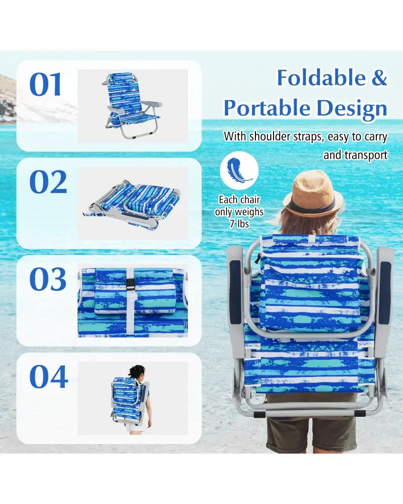 Foldable Backpack Beach Chair with Cup Holder and Storage Pockets Set of 2-Navy - Navy - Beach & Lawn Chairs