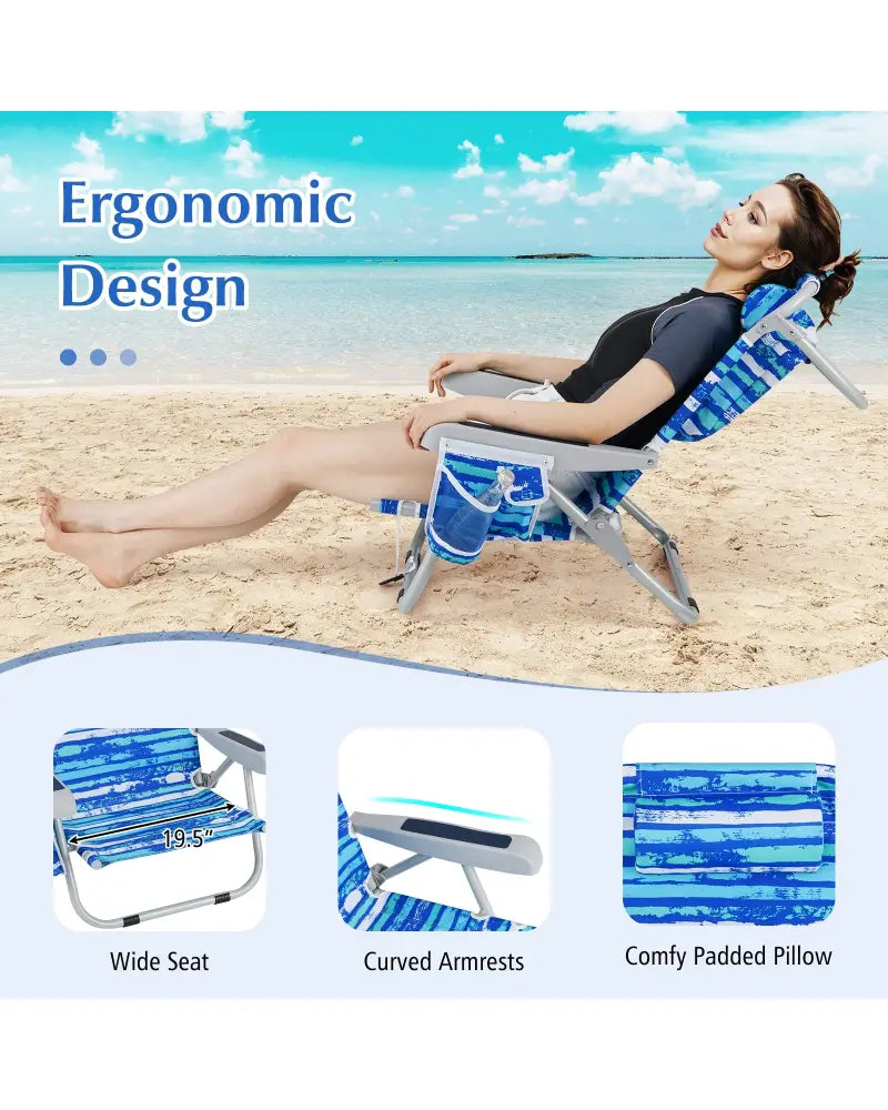 Foldable Backpack Beach Chair with Cup Holder and Storage Pockets Set of 2-Navy - Navy - Beach & Lawn Chairs