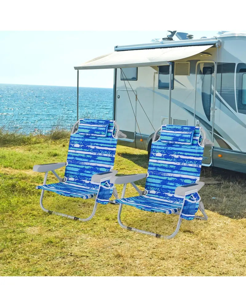 Foldable Backpack Beach Chair with Cup Holder and Storage Pockets Set of 2-Navy - Navy - Beach & Lawn Chairs
