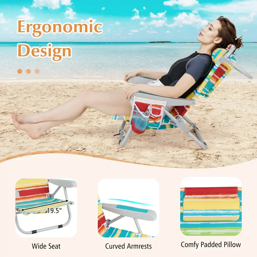 Foldable Backpack Beach Chair with Cup Holder and Storage Pockets Set of 2-Multicolor - Multicolor - Beach & Lawn Chairs