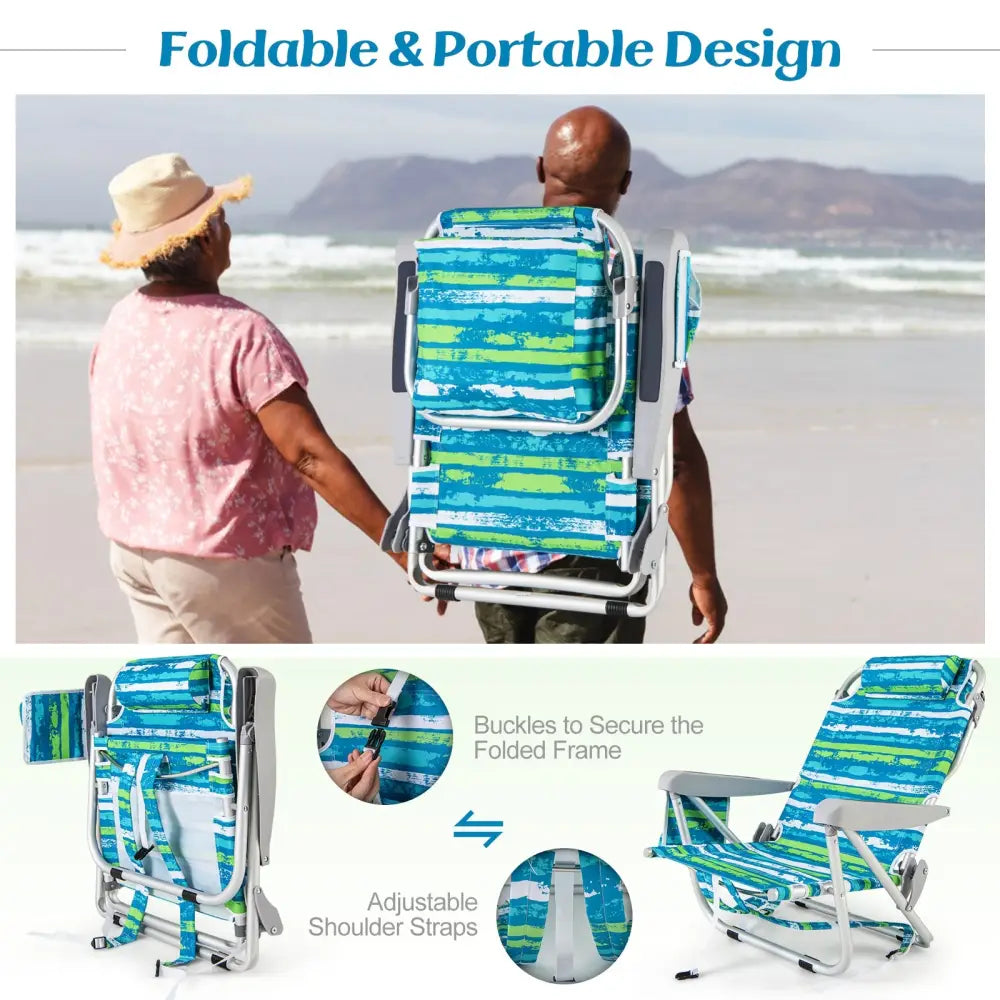 Foldable Backpack Beach Chair with Cup Holder and Storage Pockets Set of 2-Green - Green - Beach & Lawn Chairs