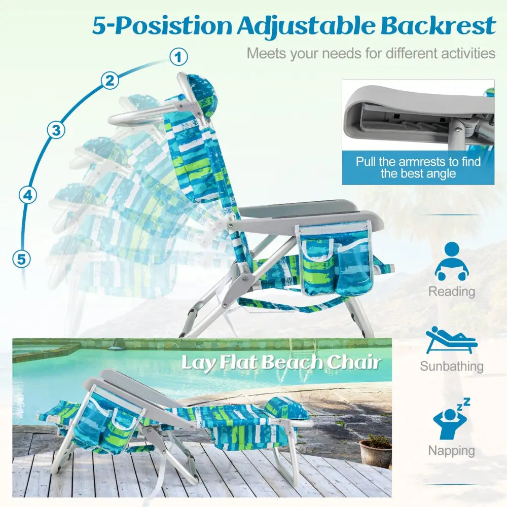 Foldable Backpack Beach Chair with Cup Holder and Storage Pockets Set of 2-Green - Green - Beach & Lawn Chairs