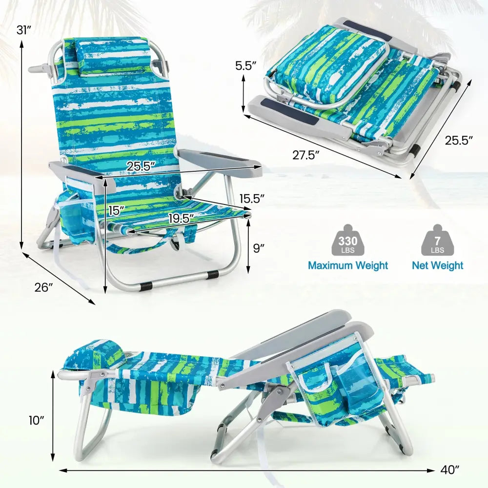 Foldable Backpack Beach Chair with Cup Holder and Storage Pockets Set of 2-Green - Green - Beach & Lawn Chairs