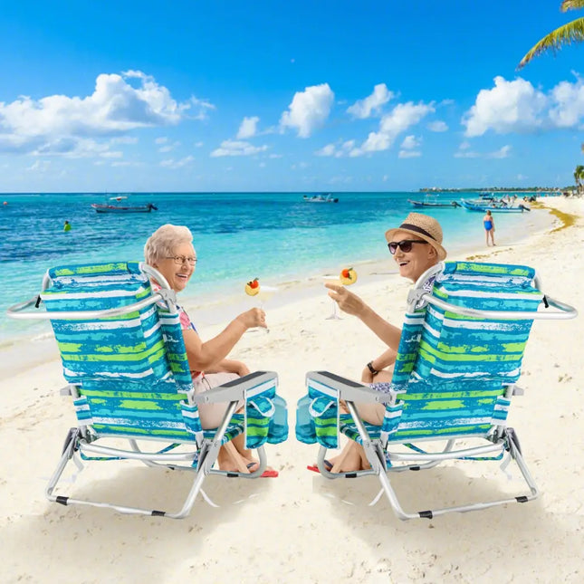 Foldable Backpack Beach Chair with Cup Holder and Storage Pockets Set of 2-Green - Green - Beach & Lawn Chairs