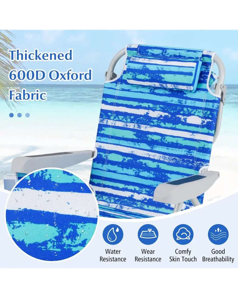 Foldable Backpack Beach Chair with Cup Holder and Storage Pockets Set of 2-Navy - Navy - Beach & Lawn Chairs