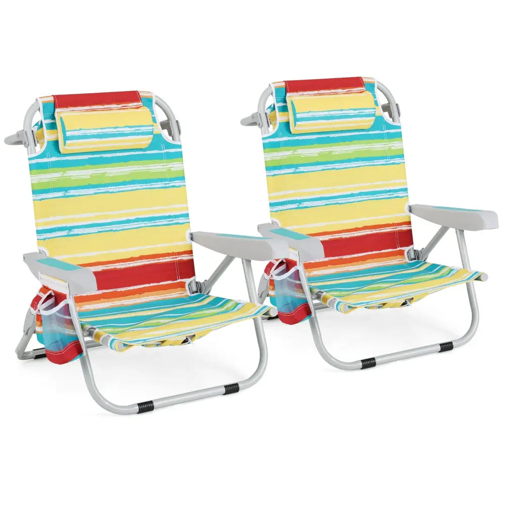 Foldable Backpack Beach Chair with Cup Holder and Storage Pockets Set of 2-Multicolor - Multicolor - Beach & Lawn Chairs