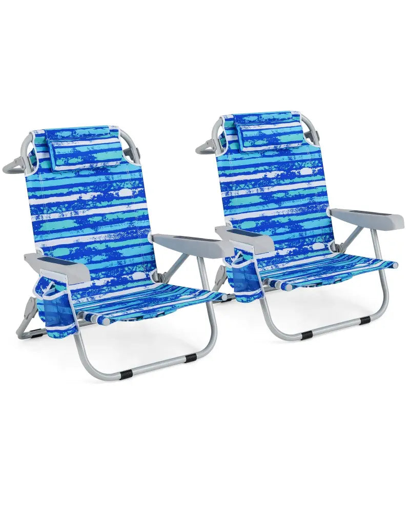 Foldable Backpack Beach Chair with Cup Holder and Storage Pockets Set of 2-Navy - Navy - Beach & Lawn Chairs