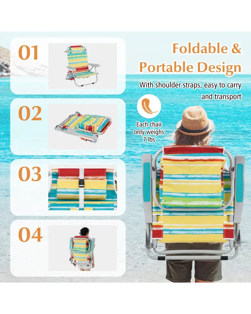 Foldable Backpack Beach Chair with Cup Holder and Storage Pockets Set of 2-Multicolor - Multicolor - Beach & Lawn Chairs