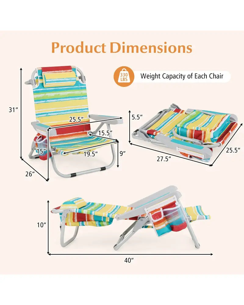 Foldable Backpack Beach Chair with Cup Holder and Storage Pockets Set of 2-Multicolor - Multicolor - Beach & Lawn Chairs