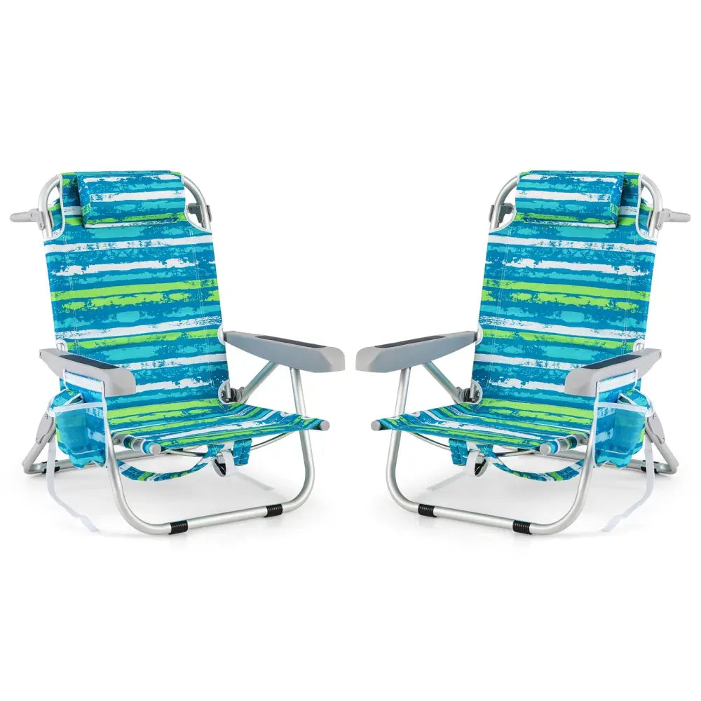 Foldable Backpack Beach Chair with Cup Holder and Storage Pockets Set of 2-Green - Green - Beach & Lawn Chairs