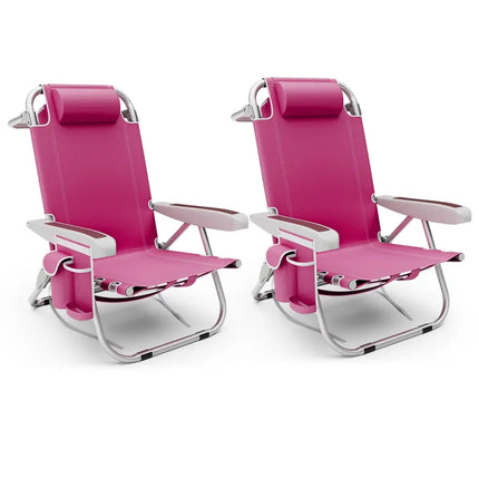Foldable Backpack Beach Chair with Cup Holder and Storage Pockets Set of 2-Pink - Pink - Beach & Lawn Chairs