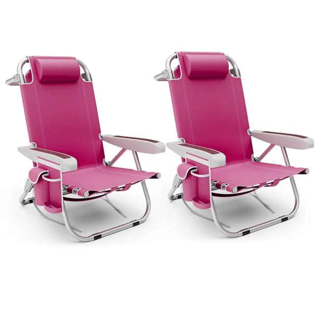 Foldable Backpack Beach Chair with Cup Holder and Storage Pockets Set of 2-Pink - Pink - Beach & Lawn Chairs