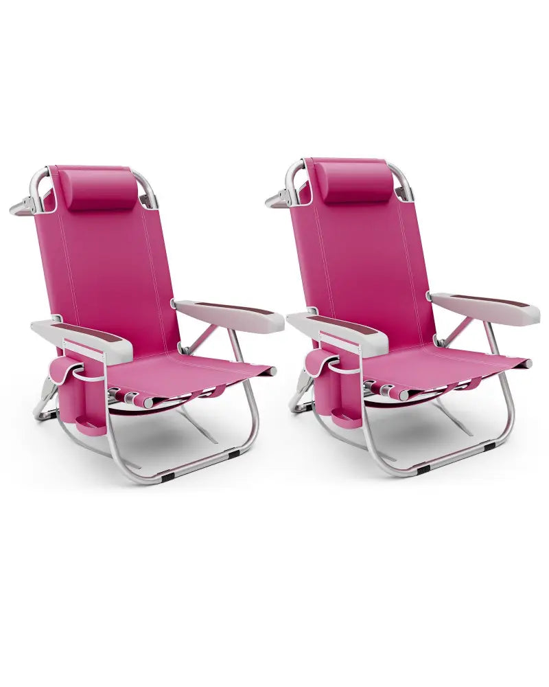 Foldable Backpack Beach Chair with Cup Holder and Storage Pockets Set of 2-Pink - Pink - Beach & Lawn Chairs