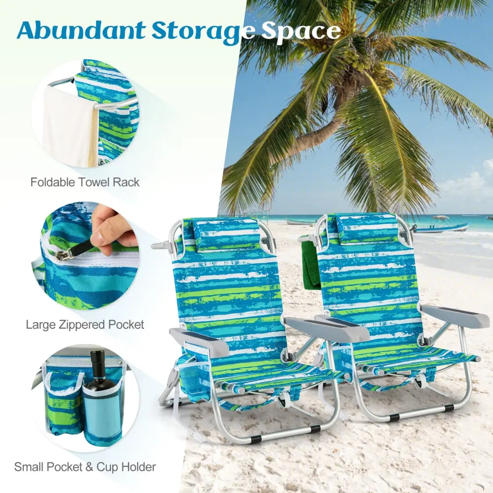 Foldable Backpack Beach Chair with Cup Holder and Storage Pockets Set of 2-Green - Green - Beach & Lawn Chairs