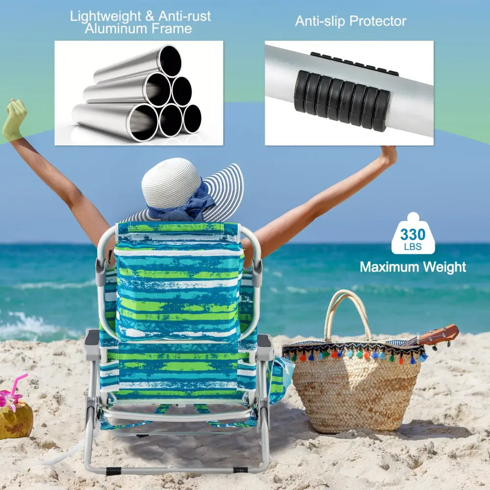 Foldable Backpack Beach Chair with Cup Holder and Storage Pockets Set of 2-Green - Green - Beach & Lawn Chairs