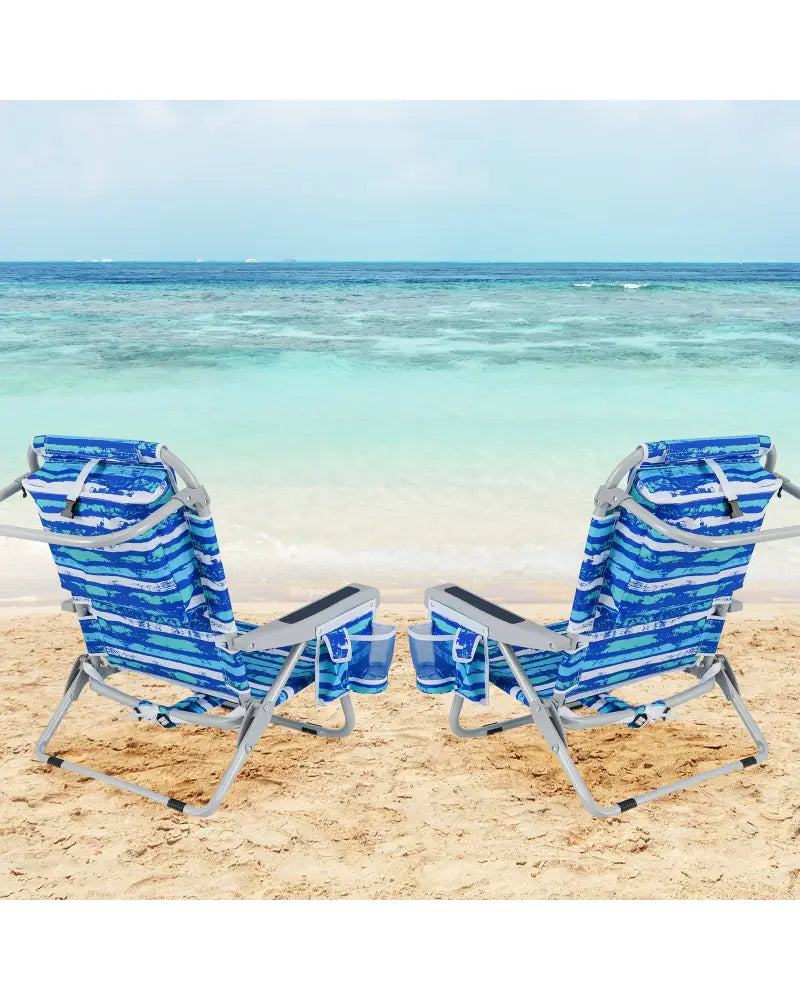 Foldable Backpack Beach Chair with Cup Holder and Storage Pockets Set of 2-Navy - Navy - Beach & Lawn Chairs