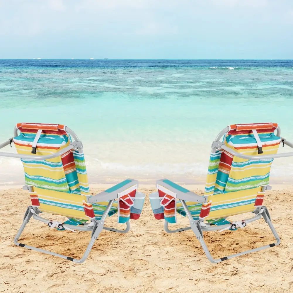 Foldable Backpack Beach Chair with Cup Holder and Storage Pockets Set of 2-Multicolor - Multicolor - Beach & Lawn Chairs
