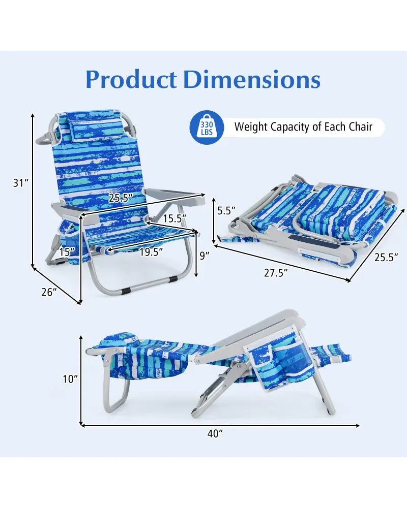 Foldable Backpack Beach Chair with Cup Holder and Storage Pockets Set of 2-Navy - Navy - Beach & Lawn Chairs