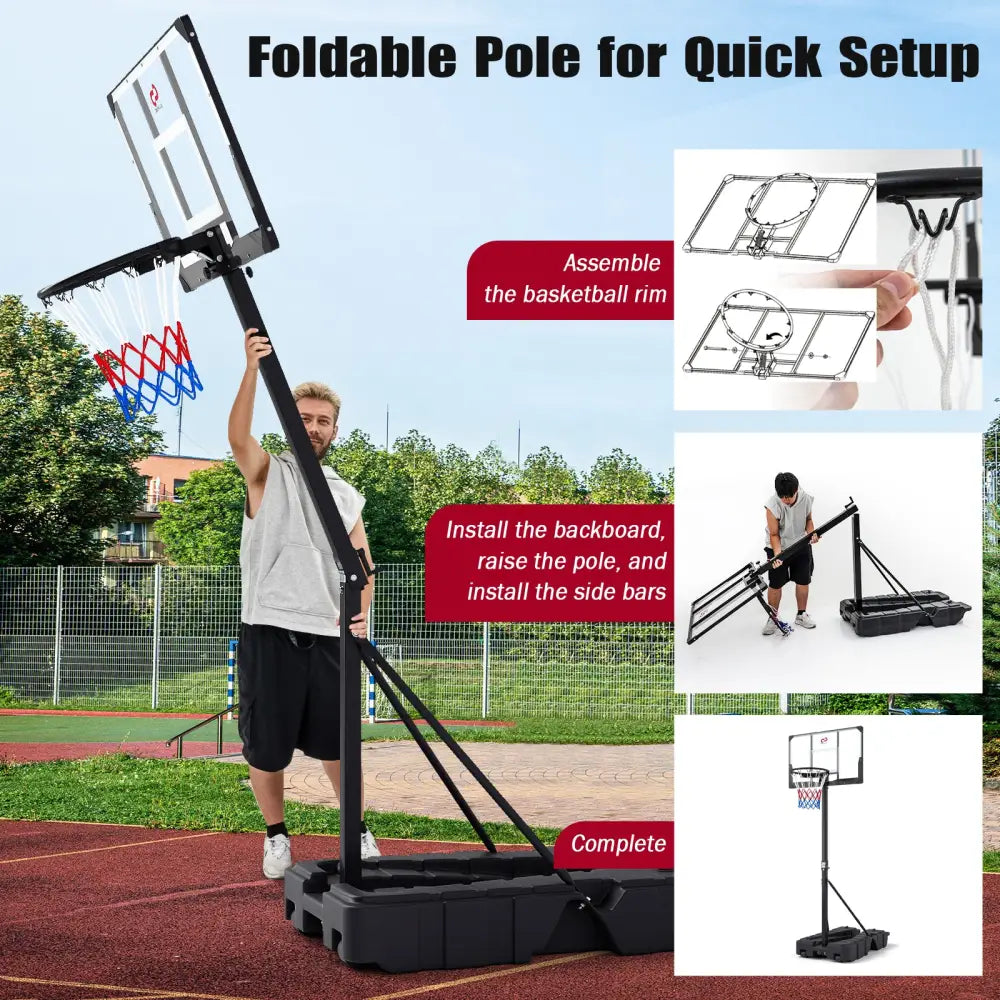 Foldable Basketball Hoop 7.54-10 ft Stepless Adjustable with PC Backboard - Black - Sport Equipments