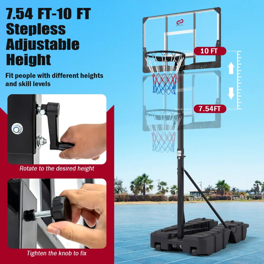 Foldable Basketball Hoop 7.54-10 ft Stepless Adjustable with PC Backboard - Black - Sport Equipments