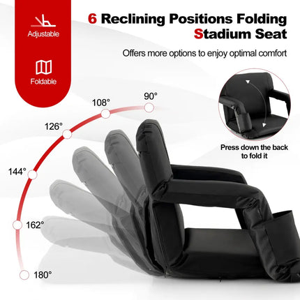 Foldable Bleacher Chair with 6 Reclining Positions and Padded Cushion-Black - Black - Outdoor Seating & Patio Chairs