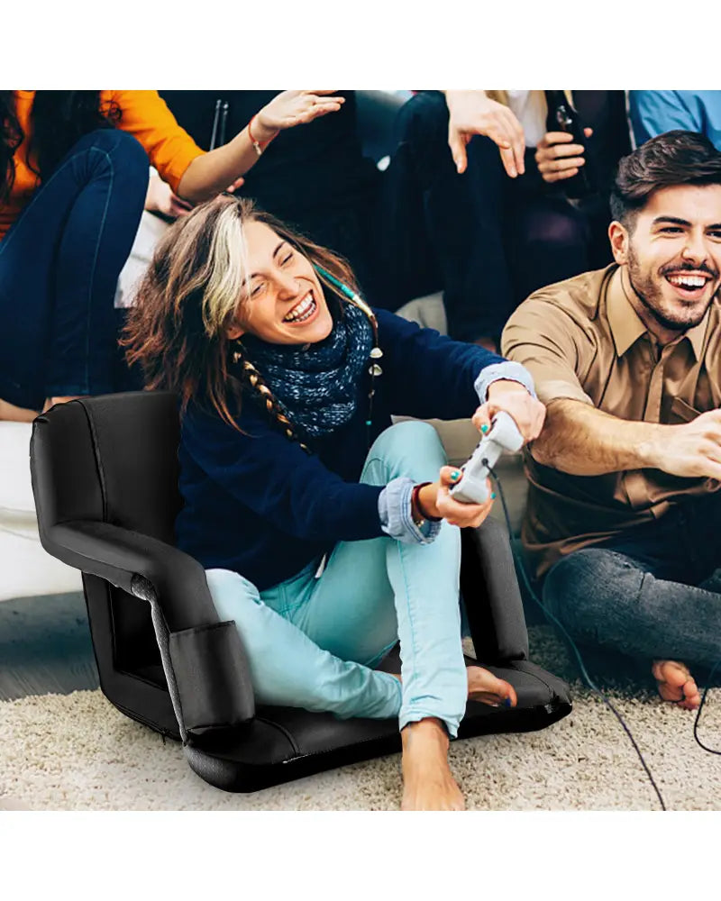 Foldable Bleacher Chair with 6 Reclining Positions and Padded Cushion-Black - Black - Outdoor Seating & Patio Chairs