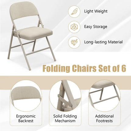 Foldable Chair Set of 6 with Padded Seat Seat and Fabric Covered Backrest-Set of 6 - Beige - Chairs