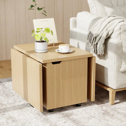 Foldable Coffee Table with Storage Cabinet Extendable Center Table-Oak - Oak - Coffee Tables