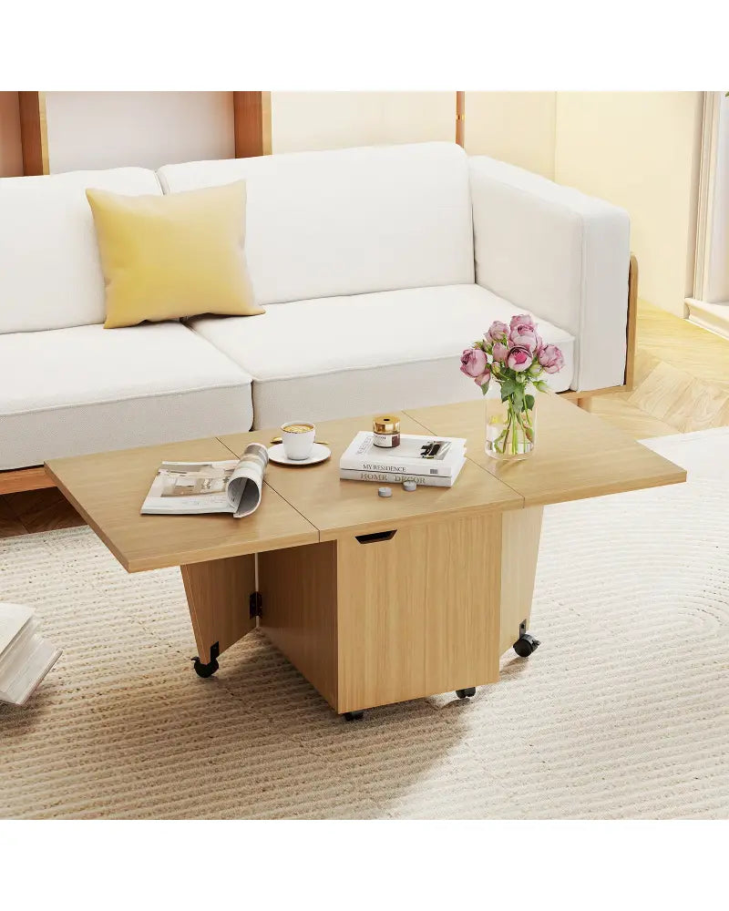Foldable Coffee Table with Storage Cabinet Extendable Center Table-Oak - Oak - Coffee Tables