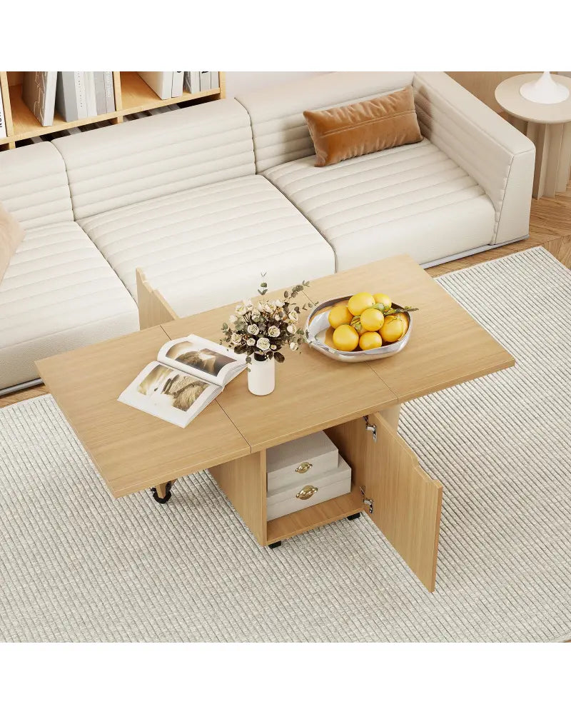 Foldable Coffee Table with Storage Cabinet Extendable Center Table-Oak - Oak - Coffee Tables