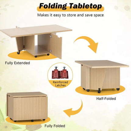 Foldable Coffee Table with Storage Cabinet Extendable Center Table-Oak - Oak - Coffee Tables