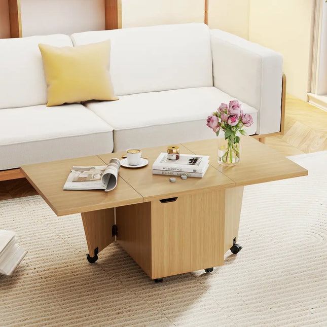 Foldable Coffee Table with Storage Cabinet Extendable Center Table-Oak - Oak - Coffee Tables