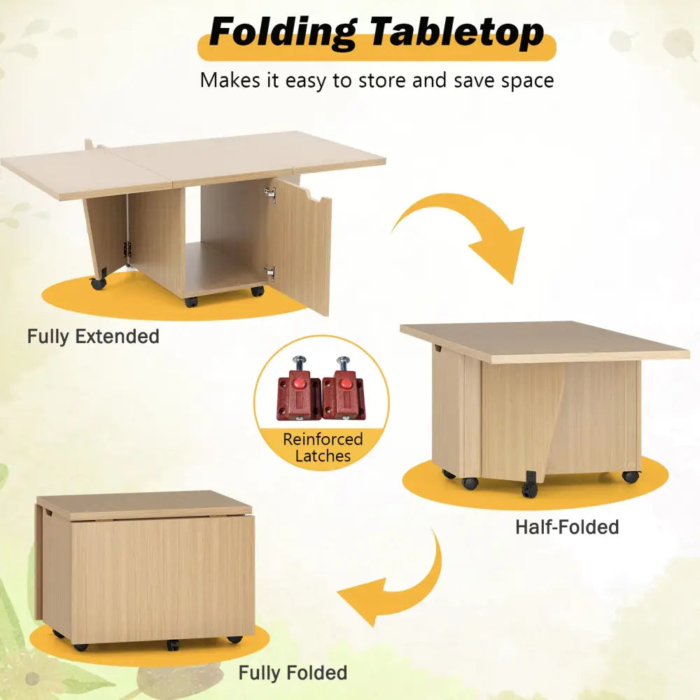 Foldable Coffee Table with Storage Cabinet Extendable Center Table-Oak - Oak - Coffee Tables