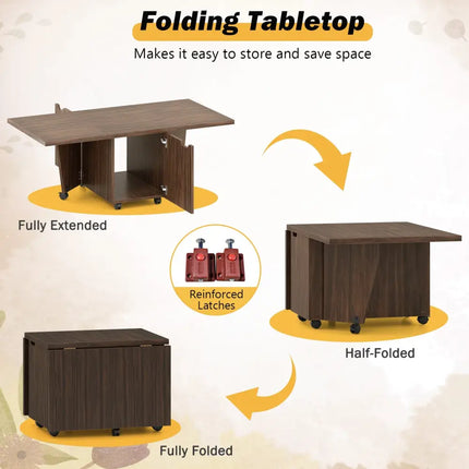 Foldable Coffee Table with Storage Cabinet Extendable Center Table-Walnut - Walnut - Coffee Tables