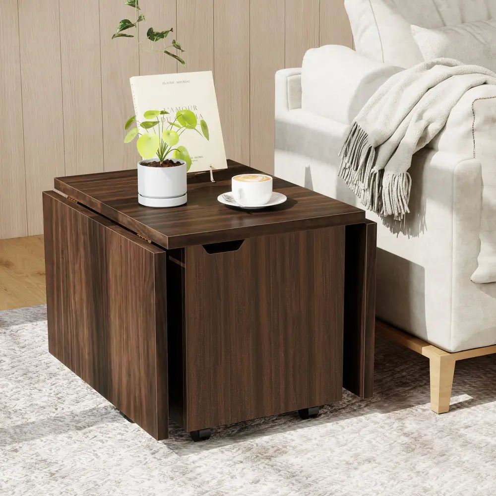 Foldable Coffee Table with Storage Cabinet Extendable Center Table-Walnut - Walnut - Coffee Tables