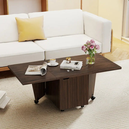 Foldable Coffee Table with Storage Cabinet Extendable Center Table-Walnut - Walnut - Coffee Tables