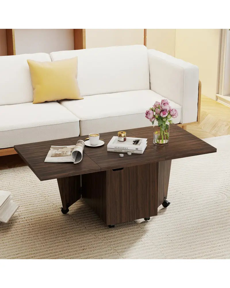 Foldable Coffee Table with Storage Cabinet Extendable Center Table-Walnut - Walnut - Coffee Tables