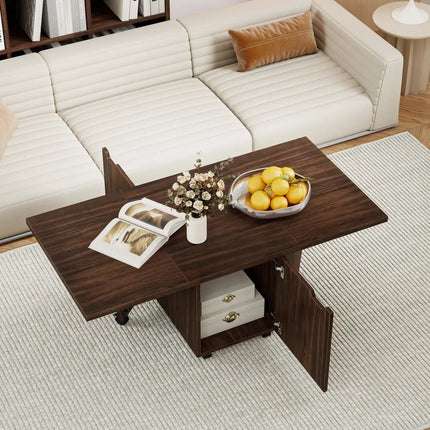 Foldable Coffee Table with Storage Cabinet Extendable Center Table-Walnut - Walnut - Coffee Tables