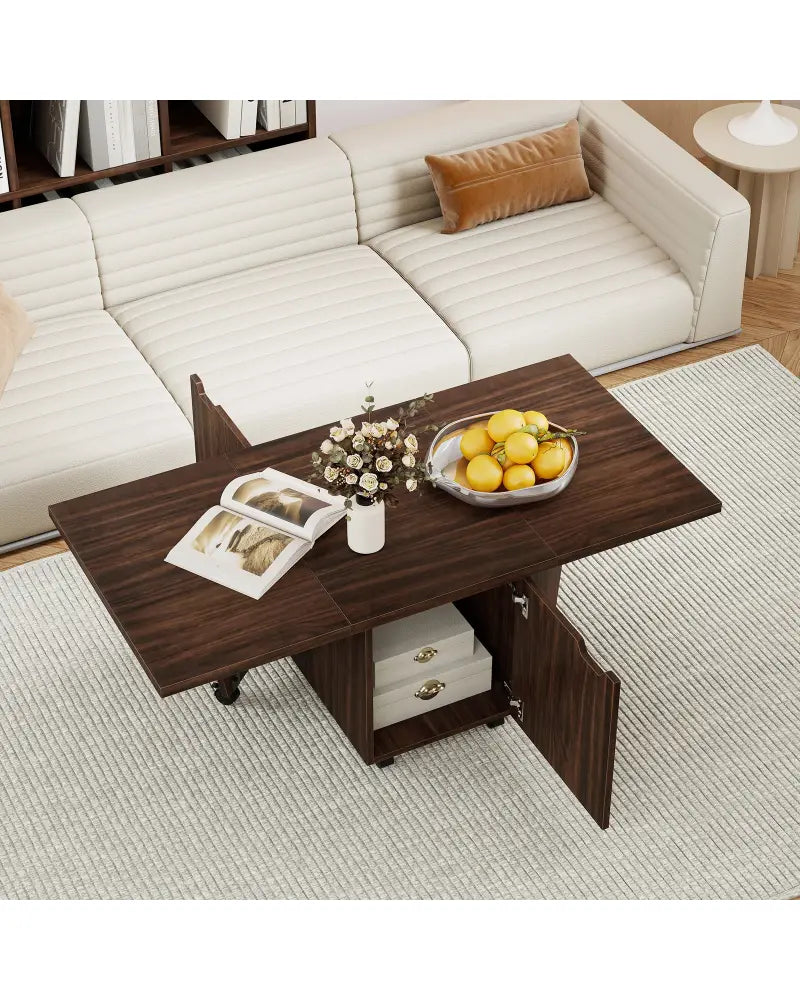 Foldable Coffee Table with Storage Cabinet Extendable Center Table-Walnut - Walnut - Coffee Tables