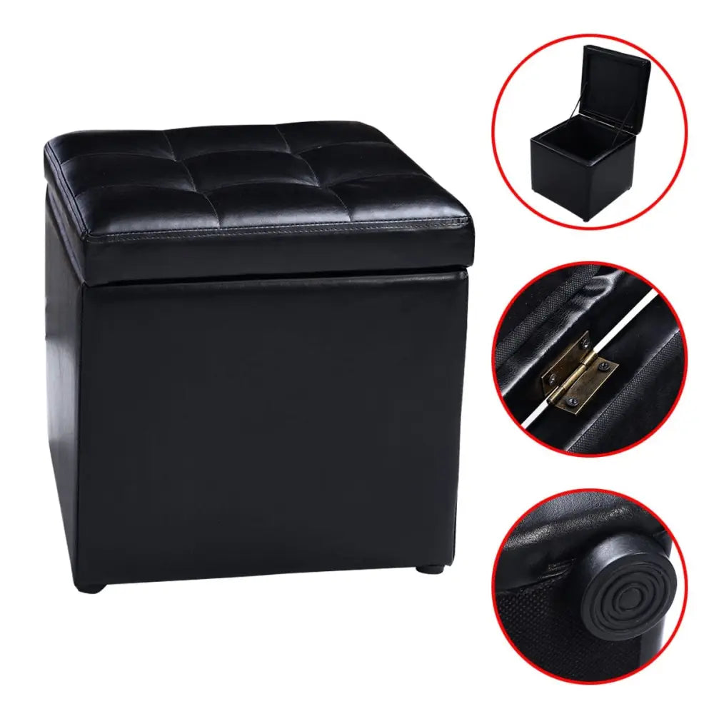 Foldable Cube Ottoman Pouffe Storage Seat-Black - Black - Ottomans
