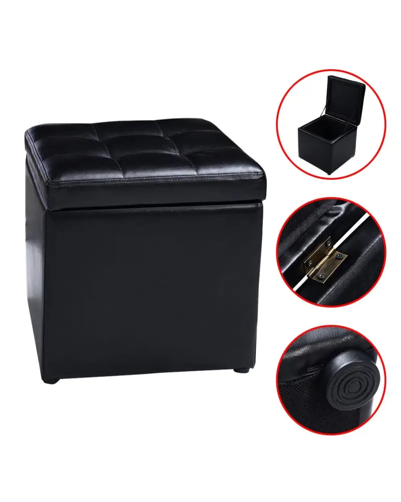 Foldable Cube Ottoman Pouffe Storage Seat-Black - Black - Ottomans