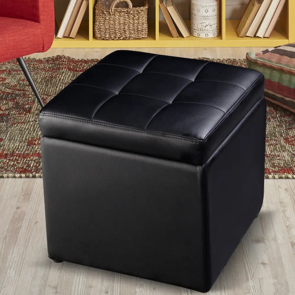 Foldable Cube Ottoman Pouffe Storage Seat-Black - Black - Ottomans