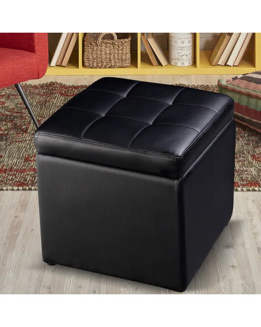 Foldable Cube Ottoman Pouffe Storage Seat-Black - Black - Ottomans