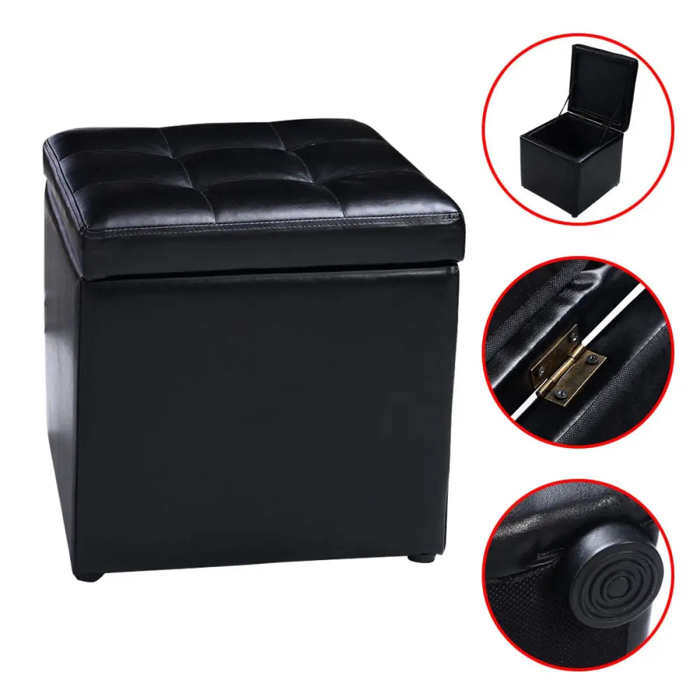 Foldable Cube Ottoman Pouffe Storage Seat-Black - Black - Ottomans