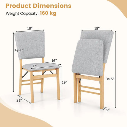 Foldable Dining Chair Set of 2 Armless Kitchen Chair with Padded Seat and Tilt Backrest-Gray - Gray - Dining Chairs