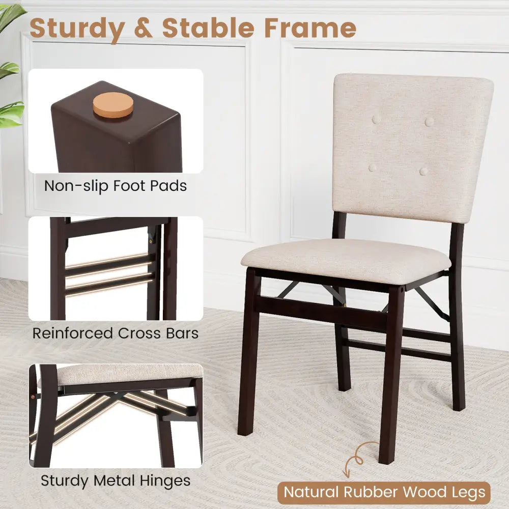 Foldable Dining Chair Set of 2 Armless Kitchen Chair with Padded Seat and Tilt Backrest-Beige - Beige - Dining Chairs